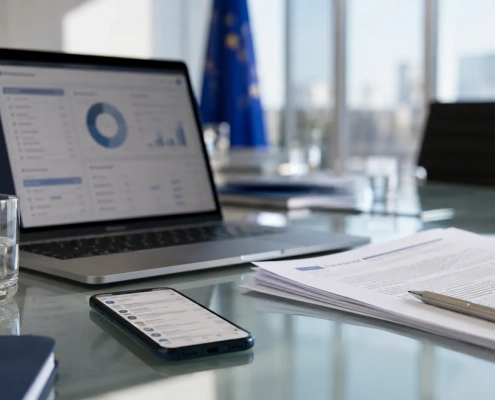 Mesa de trabajo con móvil, documentos legales y ordenador en un contexto de cumplimiento digital empresarial.