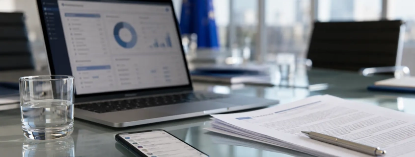 Mesa de trabajo con móvil, documentos legales y ordenador en un contexto de cumplimiento digital empresarial.