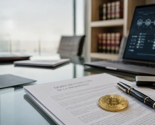 Documento jurídico con Bitcoin, portátil y claves privadas para analizar la usucapión de Bitcoin y la propiedad digital.