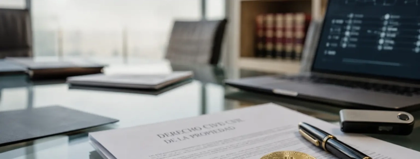 Documento jurídico con Bitcoin, portátil y claves privadas para analizar la usucapión de Bitcoin y la propiedad digital.