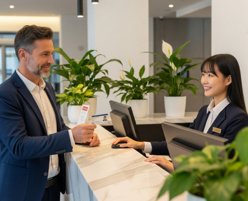 Hotel reception checking an ID document, illustrating GDPR limits on keeping copies of guests ID or passports.