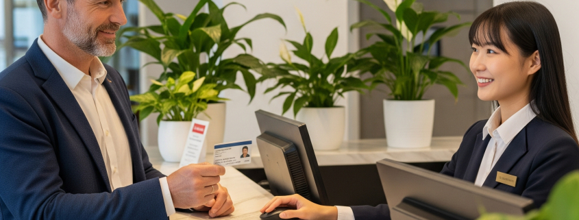 Hotel reception checking an ID document, illustrating GDPR limits on keeping copies of guests ID or passports.
